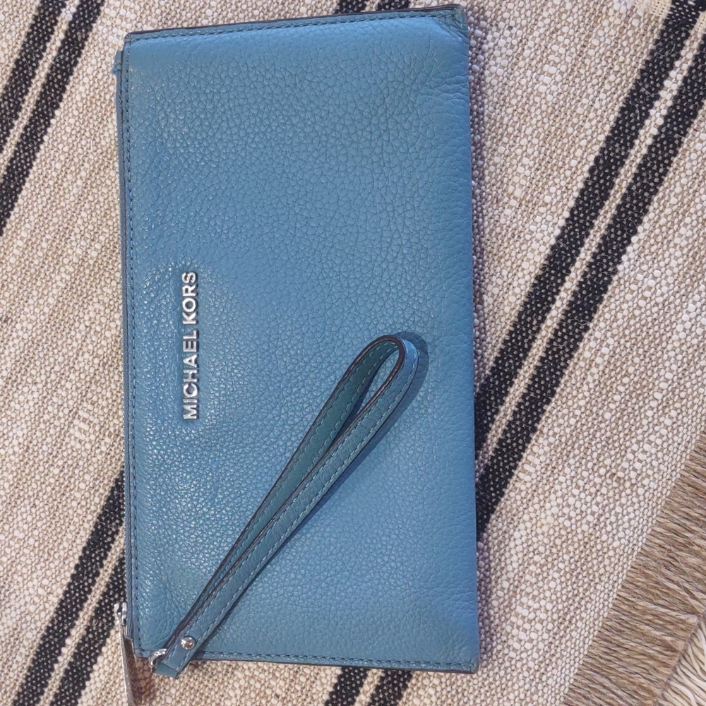 Michael Kors Blue Pebble Leather Single Zip Clutch with Wrist Strap